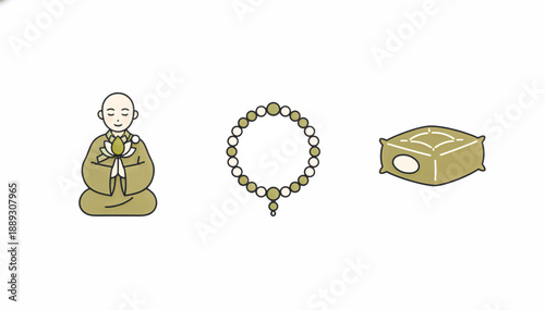 Buddhist monk and meditation icon set. Flat design vector illustration of monk holding lotus, prayer beads, and meditation cushion. Isolated on white background