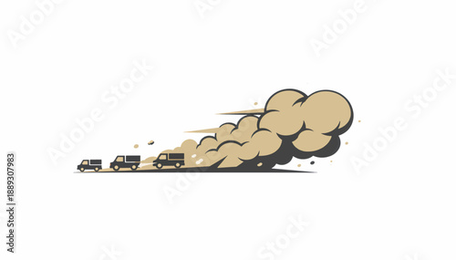 Truck convoy moving fast with a large dust cloud. Flat design vector illustration. Logistics and transportation concept. Isolated graphic element