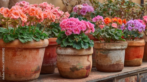 Wallpaper Mural Vibrant geraniums in rustic terracotta pots on wooden shelf outdoors. Torontodigital.ca