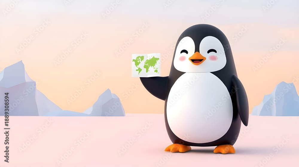 Obraz premium Cute Penguin Holding World Map, Climate Change Education Concept