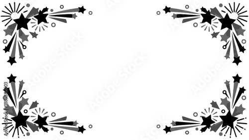 きらきらと輝くような星やポップな紙吹雪の幾何学模様が楽しいフレーム素材です。白黒モノクロのわくわくするパーティーの案内や子供向けのメッセージカードに最適。希望や幸福感あふれるデザインが、大切な言葉を彩ります。
