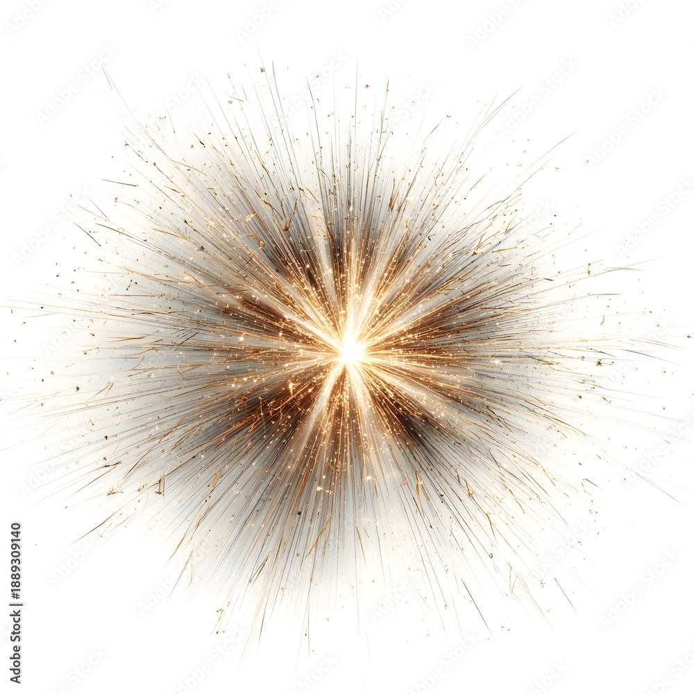 Fototapeta premium Golden spark explosion bursting outwards, creating a radiating light effect with glittering particles, ideal for concepts of celebration, energy, and festive moments