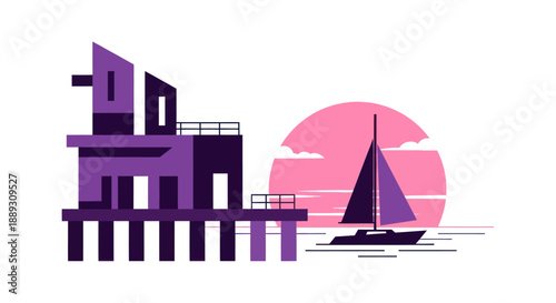 Abstract geometric illustration of a pier with a sailboat at sunset
