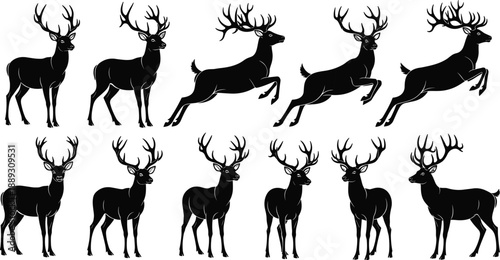 Deer and stag silhouette illustration set, antlered wildlife poses, running and standing buck figures, black animal vector collection