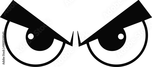 Angry eyes cartoon illustration, furious glare expression, evil look symbol, aggressive emotion face, black white vector icon
