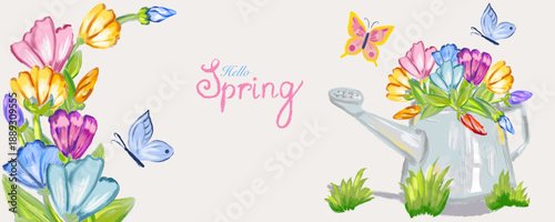 Banner with hand written”Spring”, watering can, butterflies and a lot of flowers. Hand drawn with oil texture. Vector isolated.