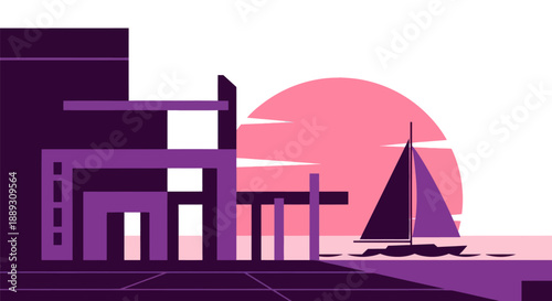 Abstract geometric illustration of a sailing boat at sunset