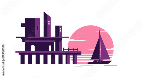 Abstract geometric illustration of a structure and a sailboat at sunset