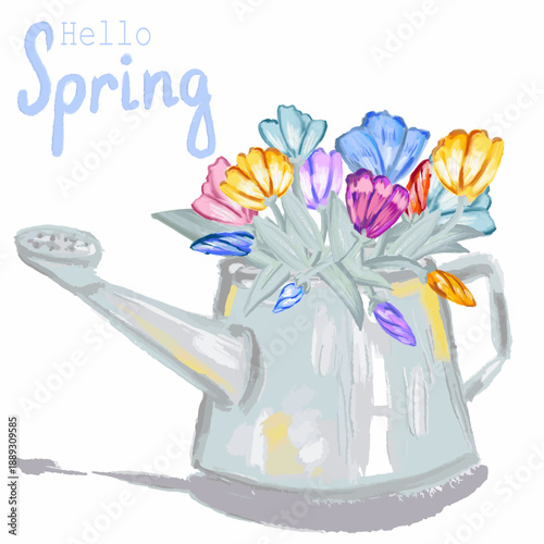 Card with “hallo spring” a lot of flower and a watering can. Oil texture, brush. Hand drawn vector. Isolated. Perfect for a spring time. Artistik illustration.