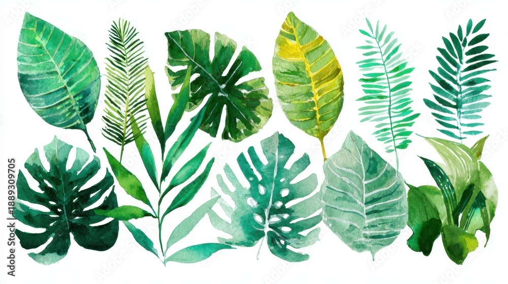 Fototapeta premium Tropical greenery: diverse watercolor leaf collection on white background.