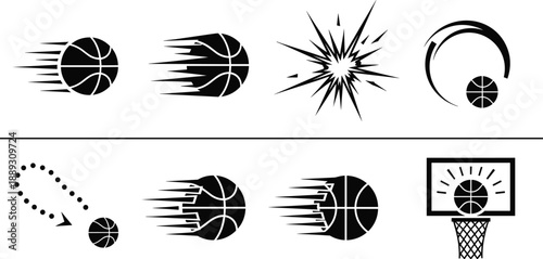 Basketball motion icons set, fast moving ball, slam dunk impact, scoring animation symbols, sports action vector illustration pack