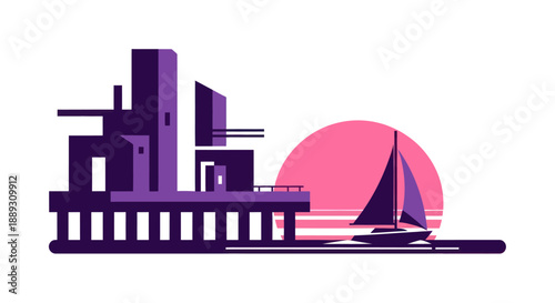 Abstract illustration of a building and sailboat with a vibrant sunset backdrop