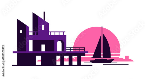 Abstract illustration of a building and sailboat with a vibrant sunset backdrop
