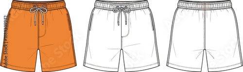 Flat Vector Fashion Illustration of Men's Swim Shorts with Drawstring Technical Sketch