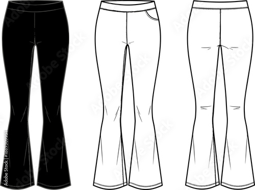 Flat Vector Fashion Illustration of Women's Flare Leggings High Waisted Yoga Pants Technical Sketch