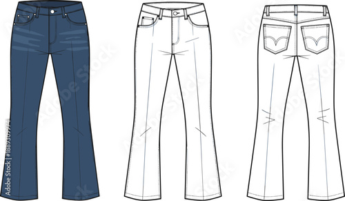 Flat Vector Fashion Illustration of Women's Flare Jeans Technical Sketch Denim Pants