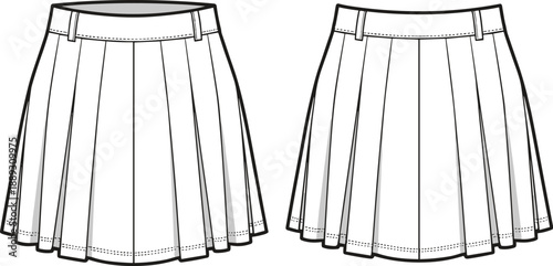Flat Vector Fashion Illustration of Women's High Waisted Pleated Mini Skirt Technical Sketch