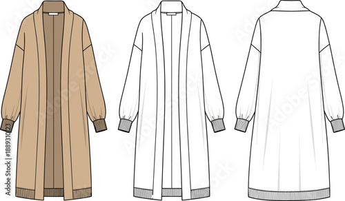 Long Knitted Cardigan Fashion Flat Sketch Vector - Women's Overcoat Technical Illustration
