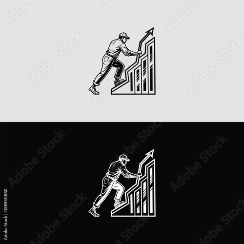 A dynamic black and white logo depicts a determined man vigorously climbing a bar graph with an upward arrow, symbolizing continuous growth, progress, and success.