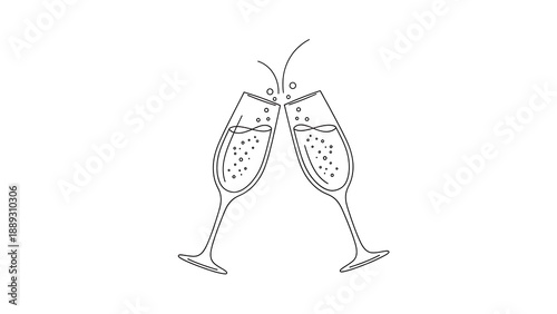 Linear illustration of two champagne glasses clinking. Bubbles and effervescence depicted