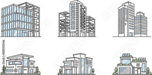 Modern Office Buildings and Contemporary Architecture Set, Flat Vector Line Art Illustrations