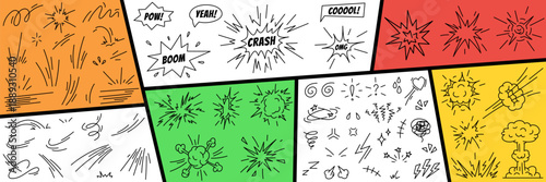 Comic superhero effects. Doodles of speed, action lines, fight, impact effects, SFX, emotional and explosion elements. Hand drawn icon set. Cartoon vector illustration isolated on a white background.