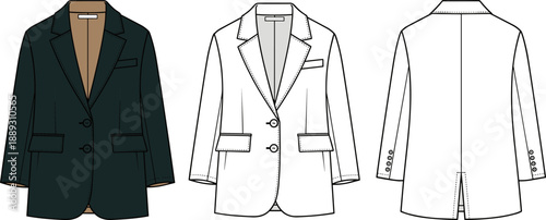 Women's Oversized Blazer Fashion Flat Sketch Vector - Formal Jacket Technical Illustration Template