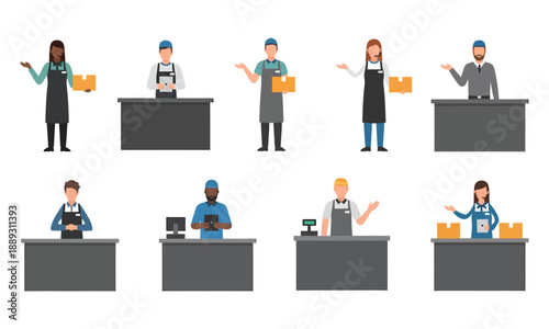Eight people working at counters in various uniforms and roles