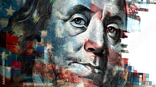 Benjamin franklin dollar face with global shipping containers