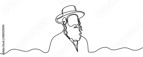 Portrait of a bearded man in a hat in one line art style. Face drawn with one continuous black line. Vector illustration.