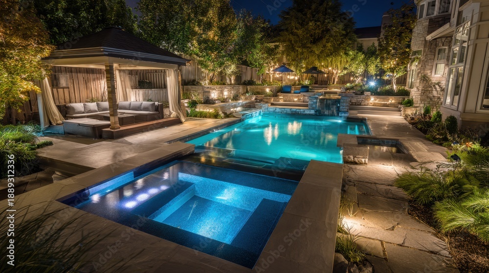 Fototapeta premium Luxury modern pool with illuminated jacuzzi and elegant outdoor seating.
