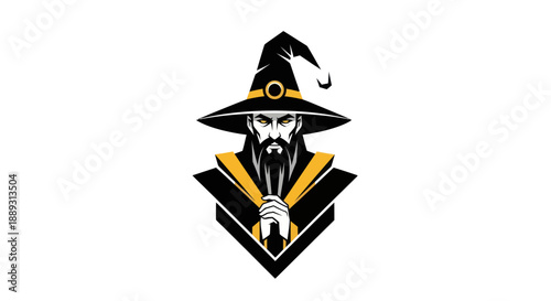 Stylized wizard illustration in vector style with hat and beard