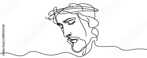 Portrait of Jesus Christ in a crown of thorns in one line art style. Face drawn with one continuous black line. Vector illustration.