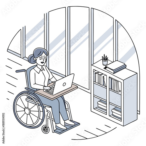 Disabled Young Woman In Wheelchair Working In The Office. Disabled woman working, teleconference with laptop.