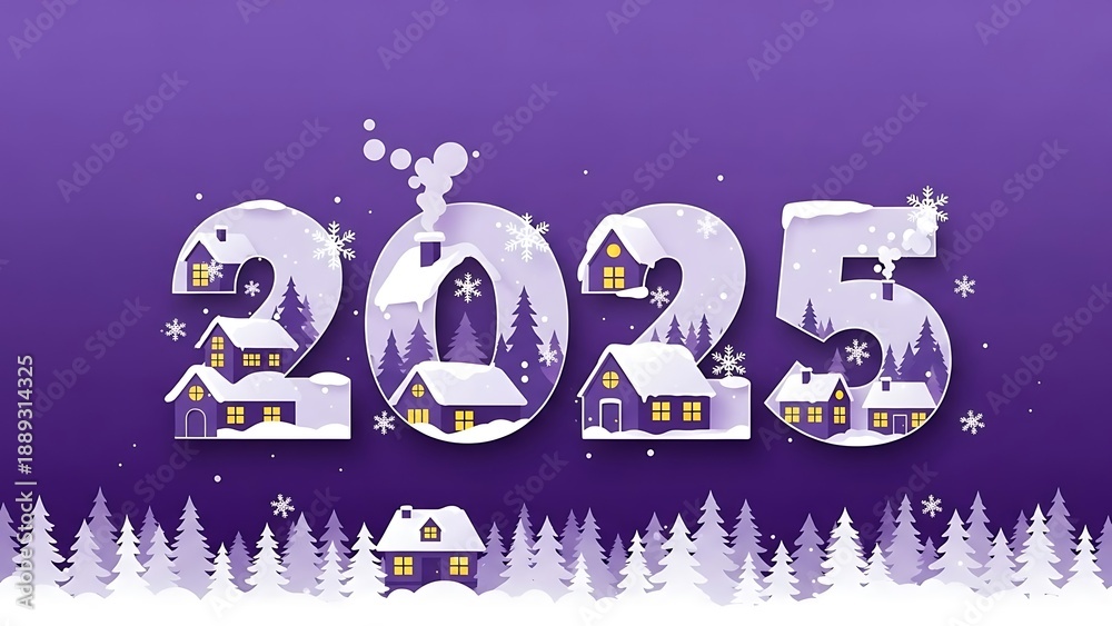 Naklejka premium Digit-shaped houses and snowy landscape, forming the year 2025 on a purple background