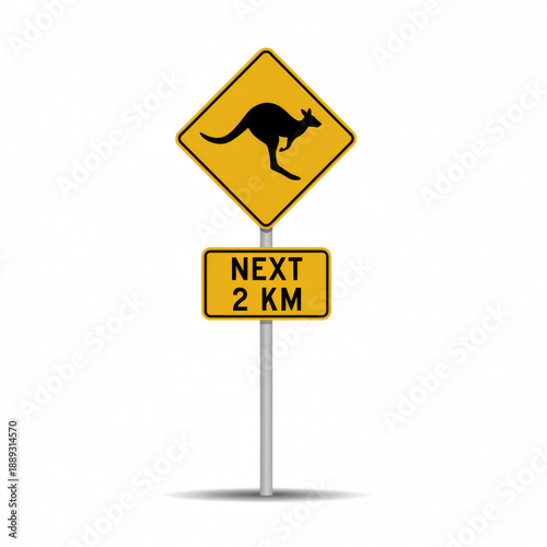 Kangaroo road warning sign with jumping kangaroo silhouette, yellow diamond board, next 2 km plate, metal pole, traffic symbol. Kangaroo crossing sign, cartoon vector illustration