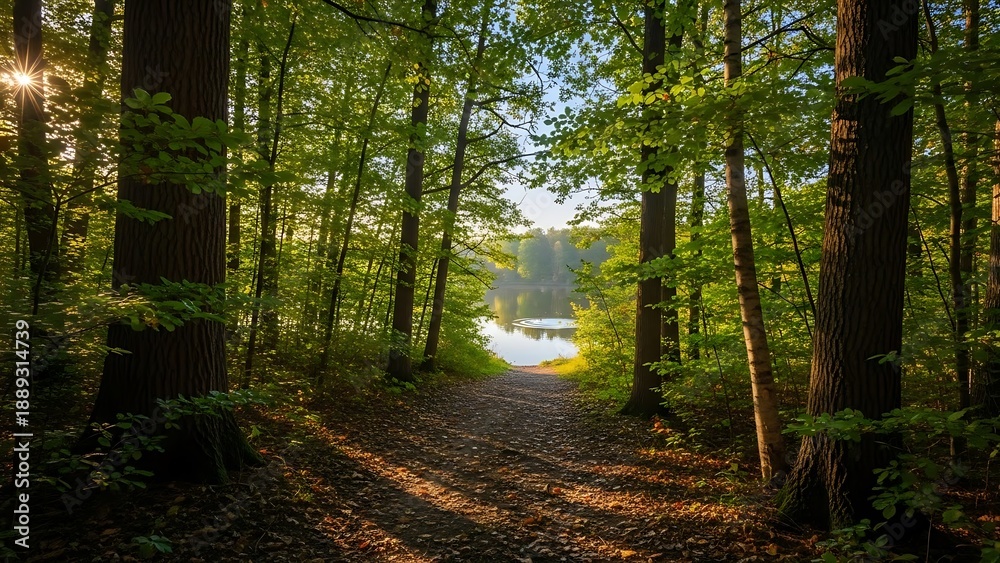 Obraz premium Sunlit path through a lush forest leads to serene lake under a clear, bright sky