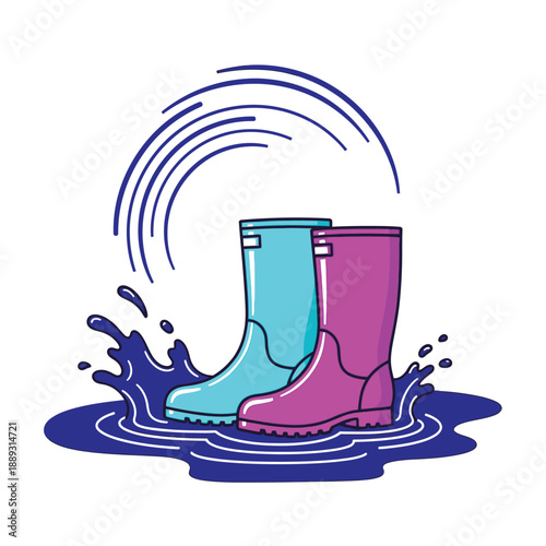 Colorful Rain Boots Splashing in a Puddle Vector Icon. Pink and Blue Rubber Footwear for Rainy Weather and Outdoor Fun.