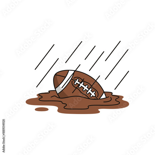 Muddy American Football Ball Stuck in Puddle with Heavy Rain. Hand-Drawn Cartoon Doodle Vector Illustration for Sports Weather.