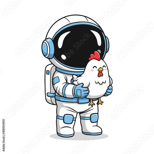Cute Cartoon Astronaut Holding Happy Chicken Illustration in Space Suit