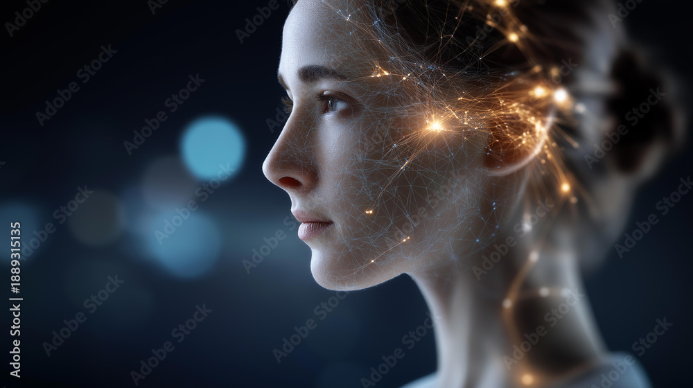 Obraz premium Profile view of woman with glowing lines and particles, digital portrait visualization, luminous female silhouette, technological beauty concept, futuristic profile display,