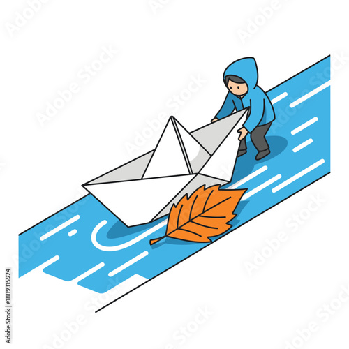 Child playing with a large paper boat in a water stream, isolated vector illustration of autumn activity and imagination.