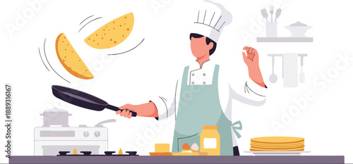 A cartoon chef tossing pancakes in a kitchen with various cooking utensils and appliances on a clean white background.
