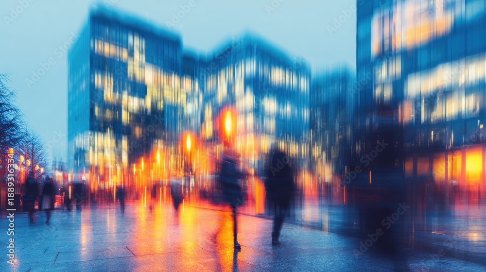 Obraz premium City street at night with blurred figures walking on rainy pavement
