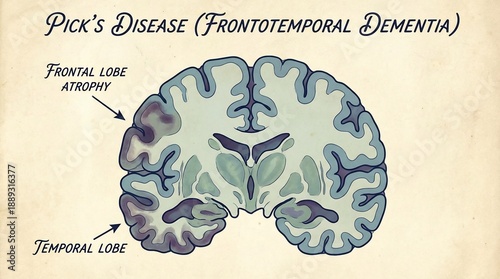 Medical cross section diagram of a brain with frontotemporal dementia