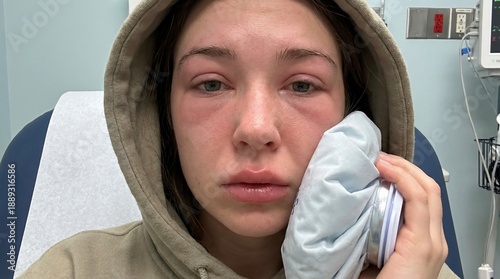 Young woman with swollen face holding ice pack in hospital