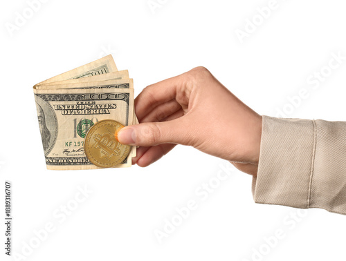 Female hand holding bitcoin...