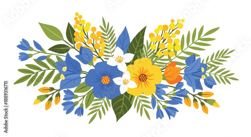 Vibrant floral arrangement with blue, yellow, and orange flowers, green leaves on a white background, flat lay composition with colorful blooms.