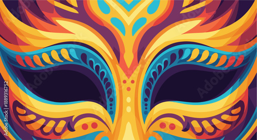Vibrant colorful mask with intricate designs on a white background in a close-up view with warm tones.
