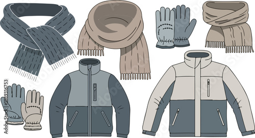 Collection of winter clothing items including jackets, scarves, and gloves in muted colors against a clean white background.